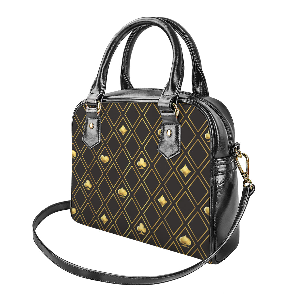 Gold Playing Card Suits Pattern Print Shoulder Handbag