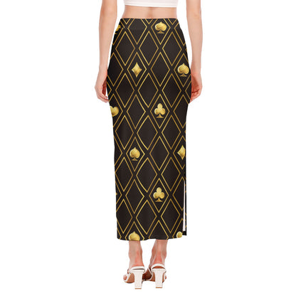 Gold Playing Card Suits Pattern Print Side Slit Maxi Skirt