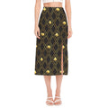 Gold Playing Card Suits Pattern Print Side Slit Midi Skirt