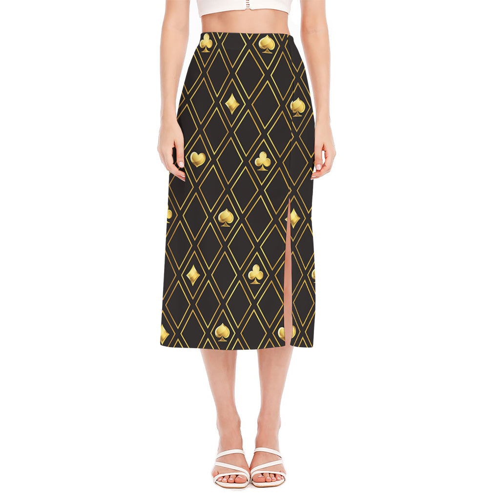 Gold Playing Card Suits Pattern Print Side Slit Midi Skirt
