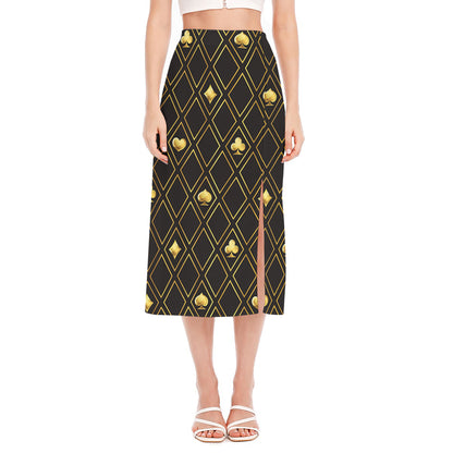 Gold Playing Card Suits Pattern Print Side Slit Midi Skirt