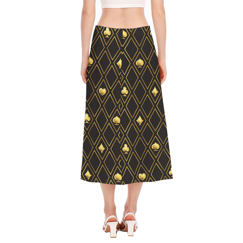 Gold Playing Card Suits Pattern Print Side Slit Midi Skirt