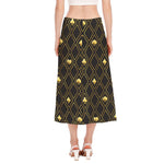 Gold Playing Card Suits Pattern Print Side Slit Midi Skirt