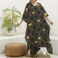 Gold Playing Card Suits Pattern Print Silk V-Neck Kaftan Dress