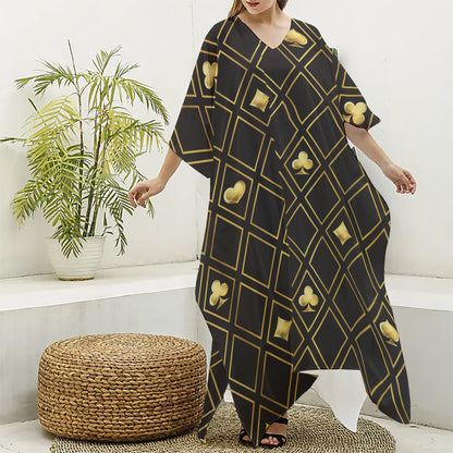 Gold Playing Card Suits Pattern Print Silk V-Neck Kaftan Dress