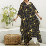Gold Playing Card Suits Pattern Print Silk V-Neck Kaftan Dress