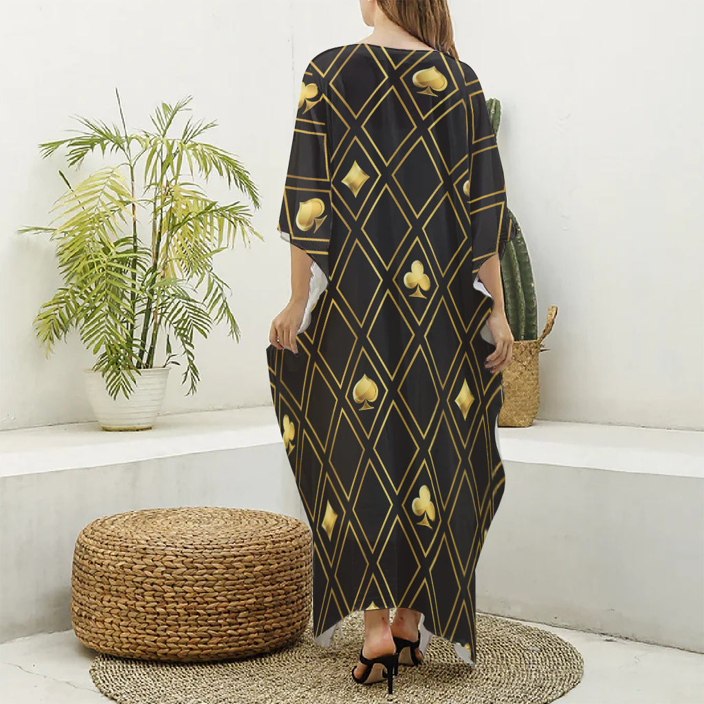 Gold Playing Card Suits Pattern Print Silk V-Neck Kaftan Dress