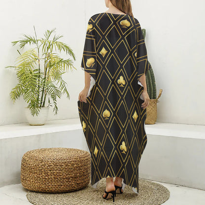 Gold Playing Card Suits Pattern Print Silk V-Neck Kaftan Dress