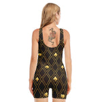 Gold Playing Card Suits Pattern Print Sleeveless One Piece Swimsuit