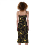 Gold Playing Card Suits Pattern Print Slim Fit Midi Cami Dress