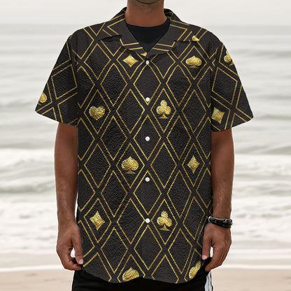 Gold Playing Card Suits Pattern Print Textured Short Sleeve Shirt