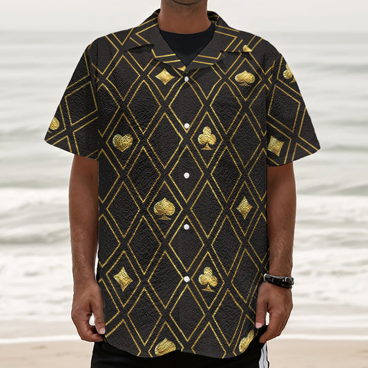 Gold Playing Card Suits Pattern Print Textured Short Sleeve Shirt