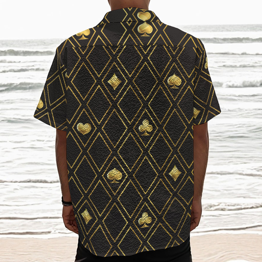 Gold Playing Card Suits Pattern Print Textured Short Sleeve Shirt