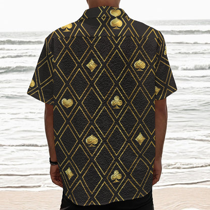 Gold Playing Card Suits Pattern Print Textured Short Sleeve Shirt