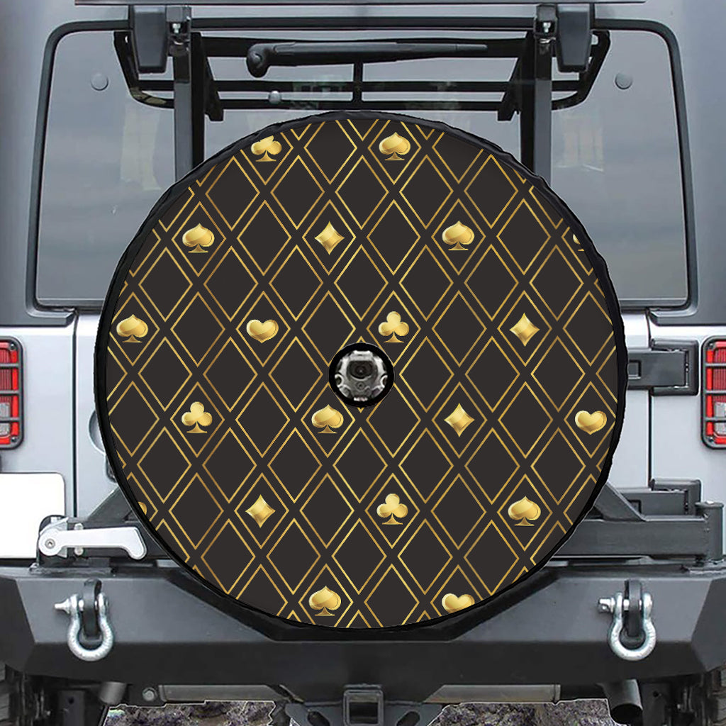 Gold Playing Card Suits Pattern Print Tire Cover With Camera Hole