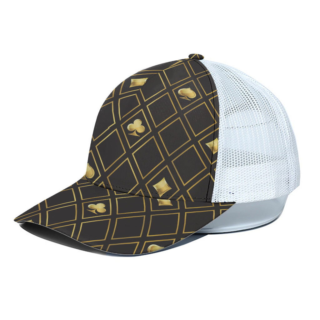 Gold Playing Card Suits Pattern Print White Mesh Trucker Cap