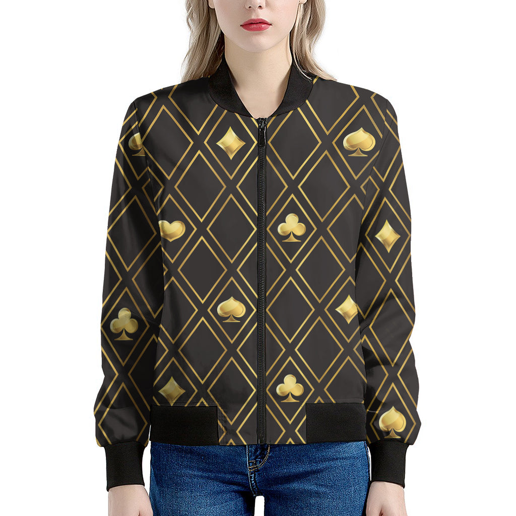 Gold Playing Card Suits Pattern Print Women's Bomber Jacket