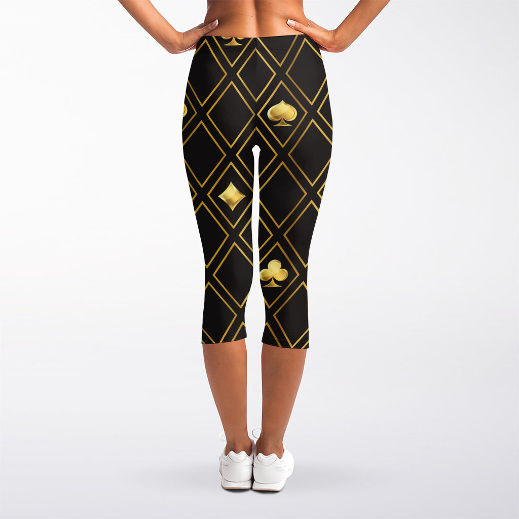 Gold Playing Card Suits Pattern Print Women's Capri Leggings