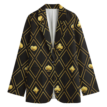 Gold Playing Card Suits Pattern Print Women's Cotton Blazer