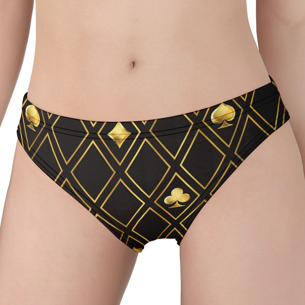 Gold Playing Card Suits Pattern Print Women's Panties