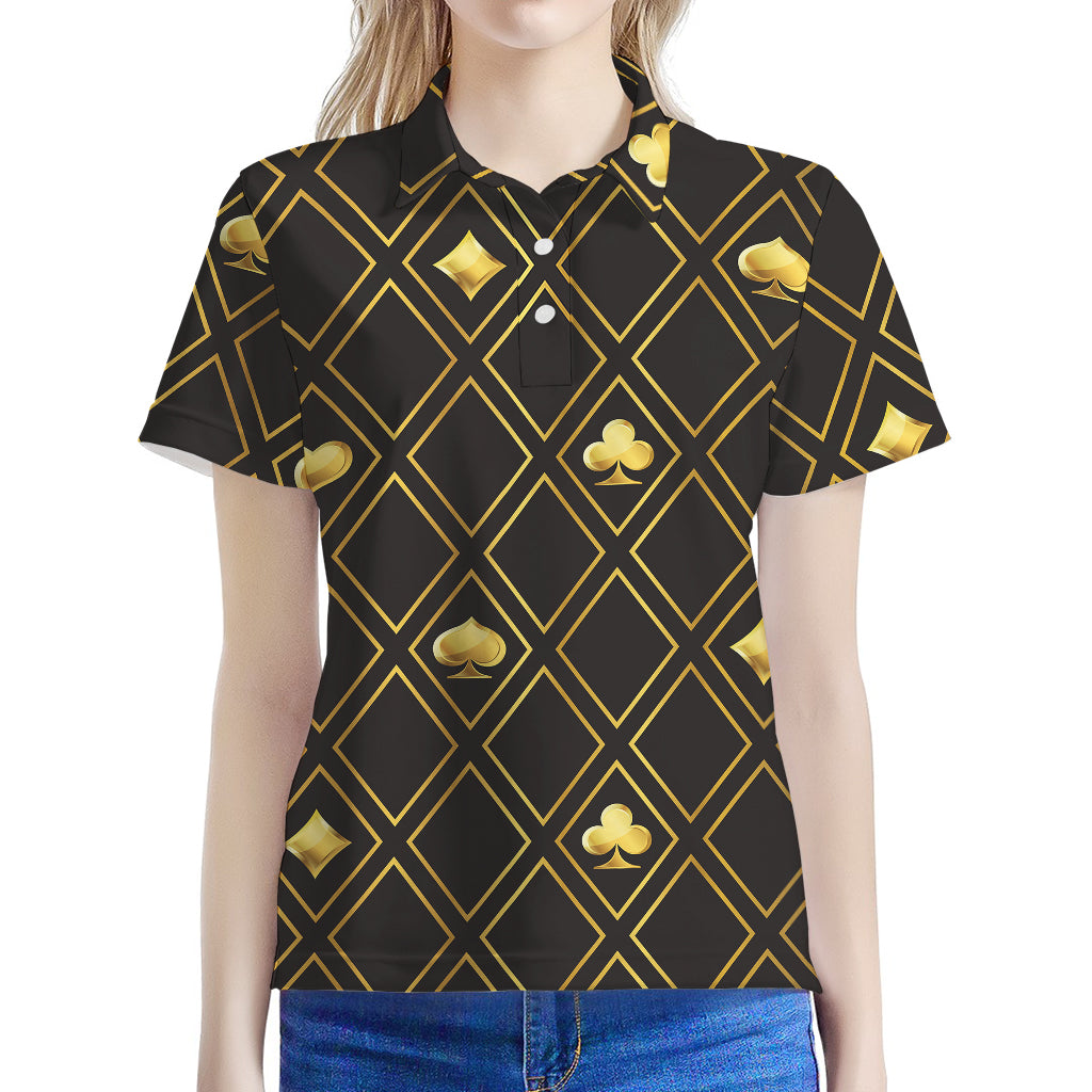 Gold Playing Card Suits Pattern Print Women's Polo Shirt