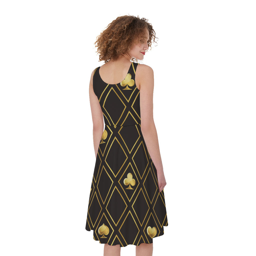 Gold Playing Card Suits Pattern Print Women's Sleeveless Dress