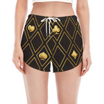 Gold Playing Card Suits Pattern Print Women's Split Running Shorts