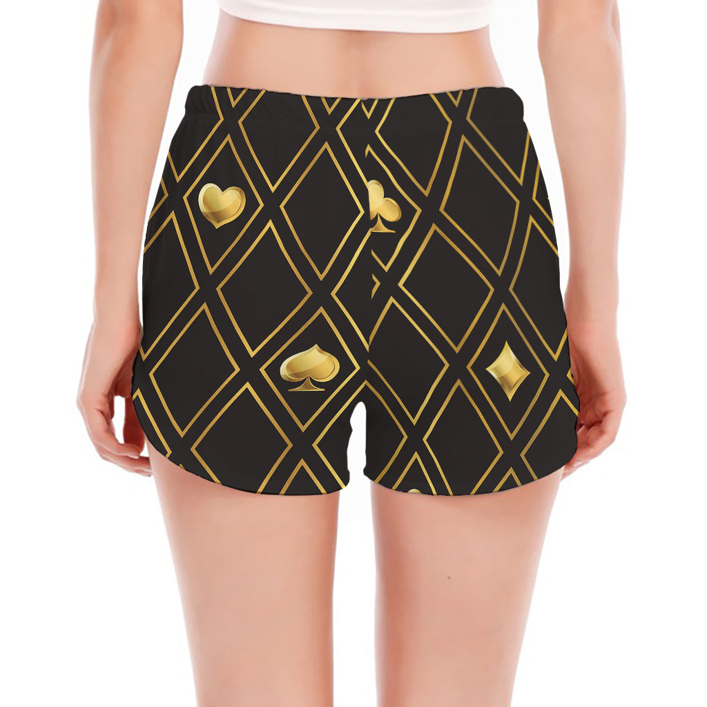 Gold Playing Card Suits Pattern Print Women's Split Running Shorts