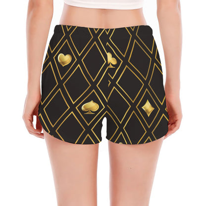 Gold Playing Card Suits Pattern Print Women's Split Running Shorts