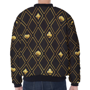 Gold Playing Card Suits Pattern Print Zip Sleeve Bomber Jacket