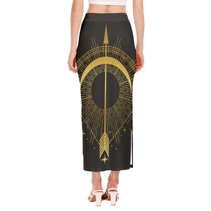 Gold Sagittarius Sign Print Side Slit Maxi Skirt