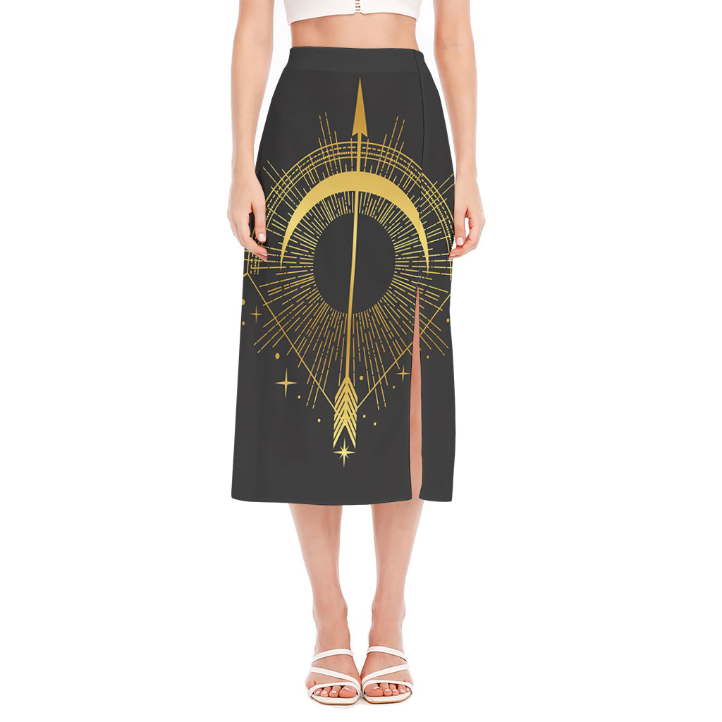 Gold Sagittarius Sign Print Side Slit Midi Skirt