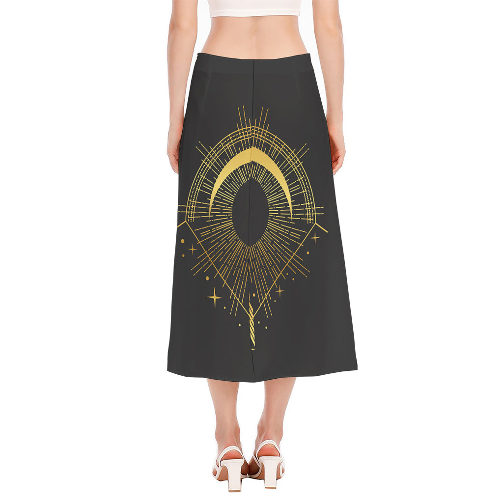 Gold Sagittarius Sign Print Side Slit Midi Skirt