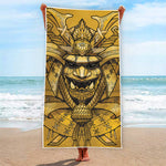 Gold Samurai Mask Print Beach Towel