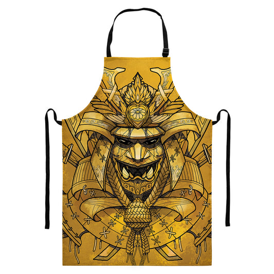 Gold Samurai Mask Print Bib Apron With Pocket