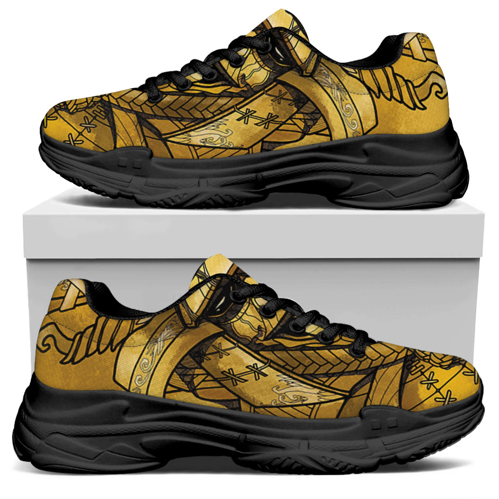 Gold Samurai Mask Print Black Chunky Shoes