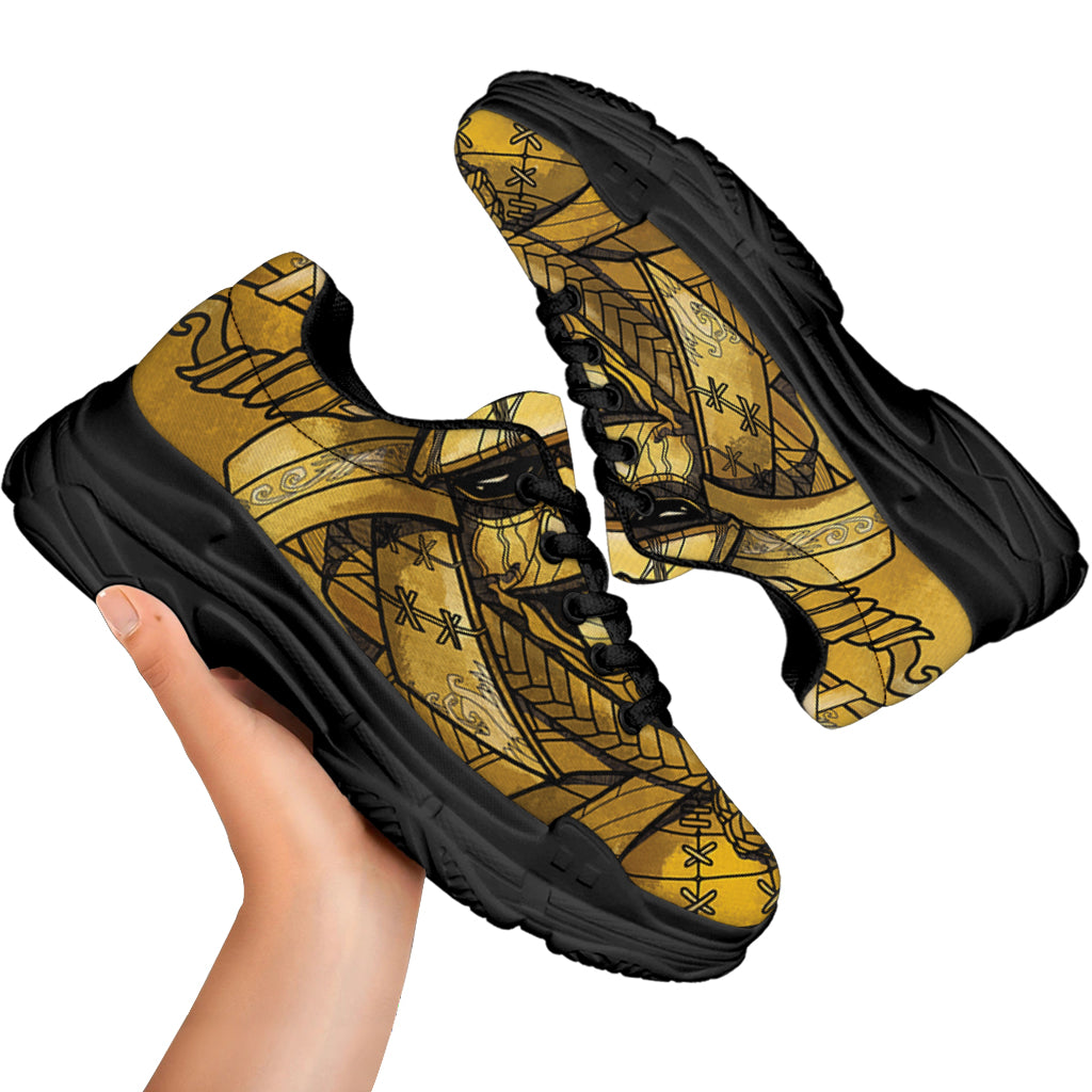 Gold Samurai Mask Print Black Chunky Shoes