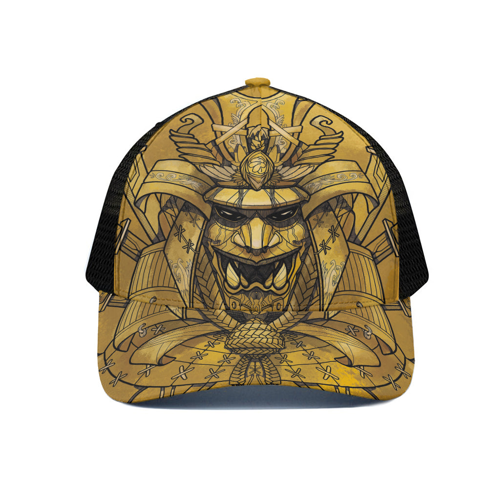 Gold Samurai Mask Print Black Mesh Trucker Cap