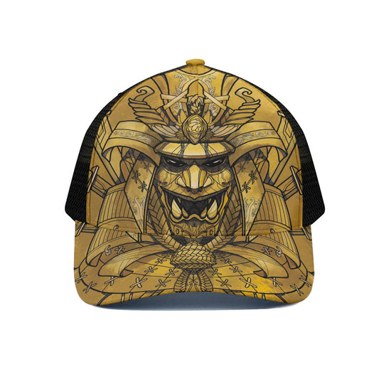 Gold Samurai Mask Print Black Mesh Trucker Cap