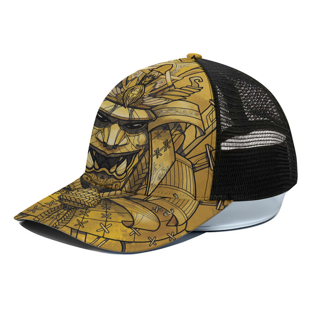 Gold Samurai Mask Print Black Mesh Trucker Cap