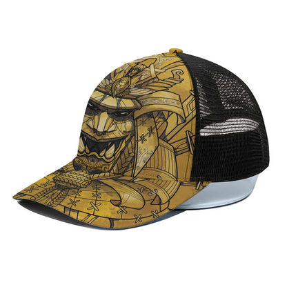 Gold Samurai Mask Print Black Mesh Trucker Cap