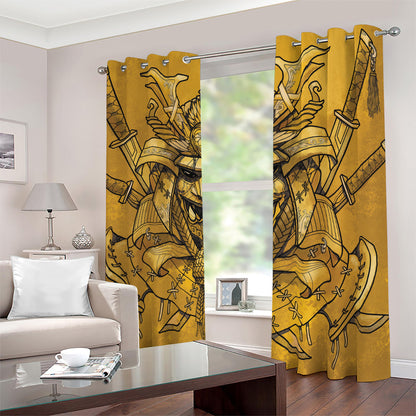 Gold Samurai Mask Print Blackout Grommet Curtains