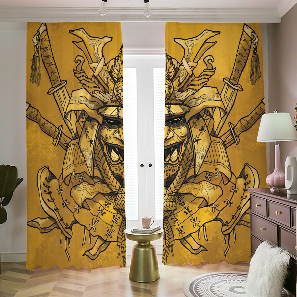 Gold Samurai Mask Print Blackout Pencil Pleat Curtains