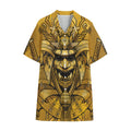 Gold Samurai Mask Print Cotton Hawaiian Shirt