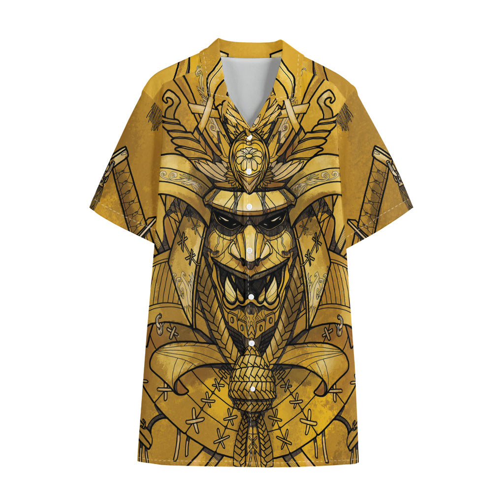 Gold Samurai Mask Print Cotton Hawaiian Shirt