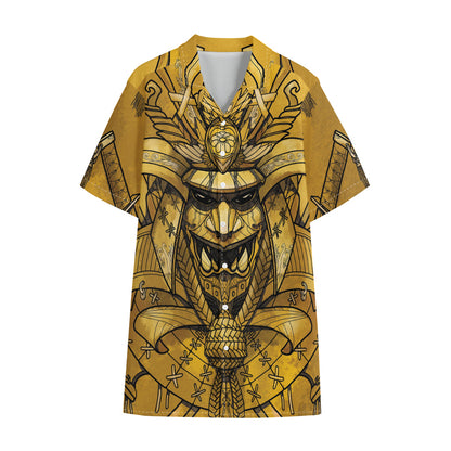 Gold Samurai Mask Print Cotton Hawaiian Shirt