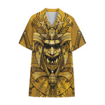 Gold Samurai Mask Print Cotton Hawaiian Shirt