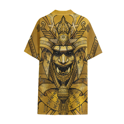 Gold Samurai Mask Print Cotton Hawaiian Shirt
