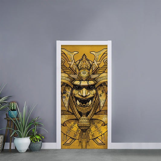 Gold Samurai Mask Print Door Sticker