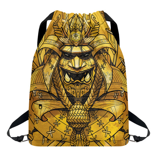 Gold Samurai Mask Print Drawstring Backpack